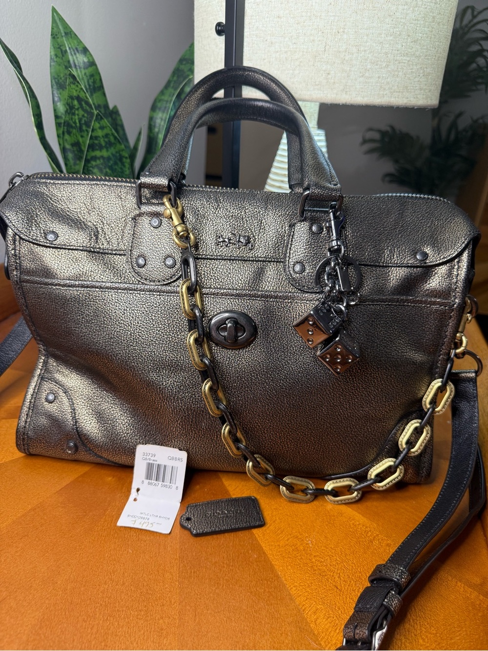 2014 Coach Rhyder Metallic Pebbled Leather Turnlock Satchel - Bronze